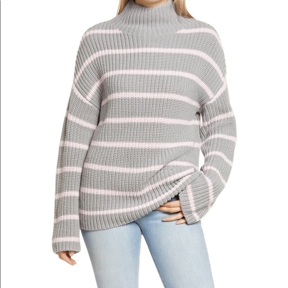 Caslon Shaker Knit Mock Neck Sweater Grey and Pink Stripes XL NWT - Picture 1 of 7